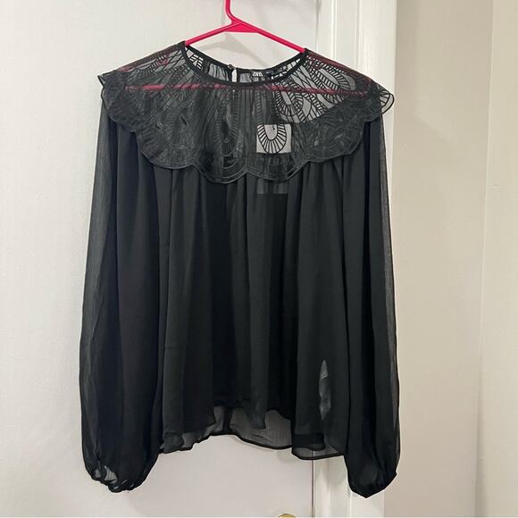 Zara Black ORGANZA BIB COLLAR BLOUSE Size Large - Picture 9 of 12